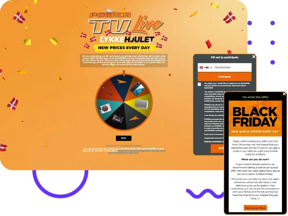 POWER TV Live Spin the Wheel game with sign-up form and Black Friday offer
